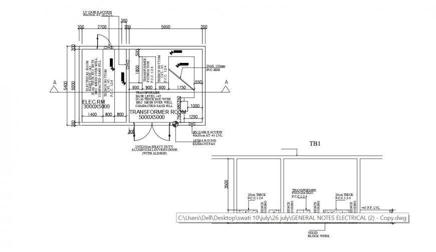 2d CAD plan and a section of electrical room dwg file